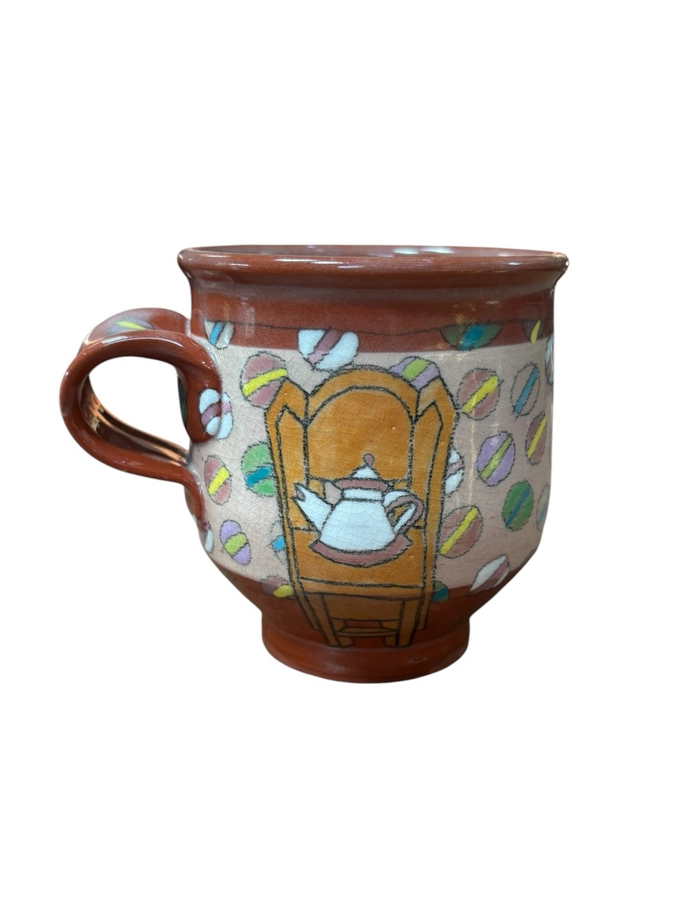 Vintage 80s Kathryn Bird Redware Handpainted Pottery Coffee Mug Pastel